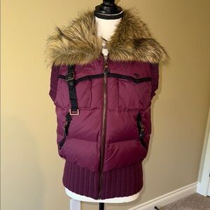 Peeples & Lula Puffer Vest Burgundy Black Faux Fur Collar Stylish Layering Sz S